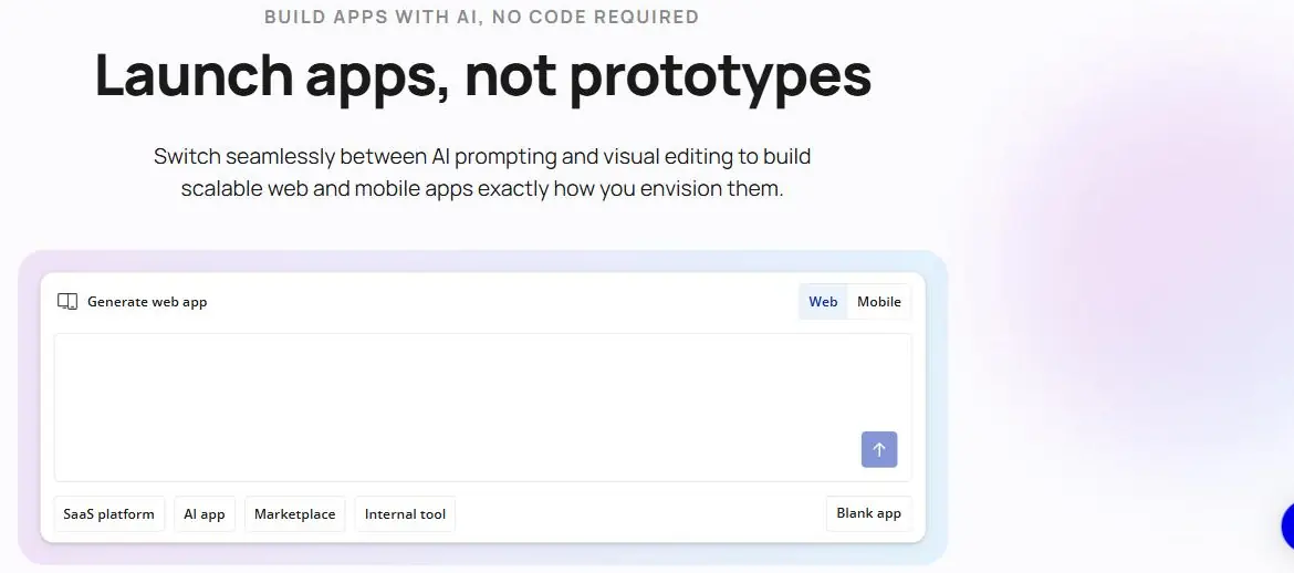 Bubble.io app builder with the Generate web app prompt and quick-start options for SaaS, marketplace and internal tools