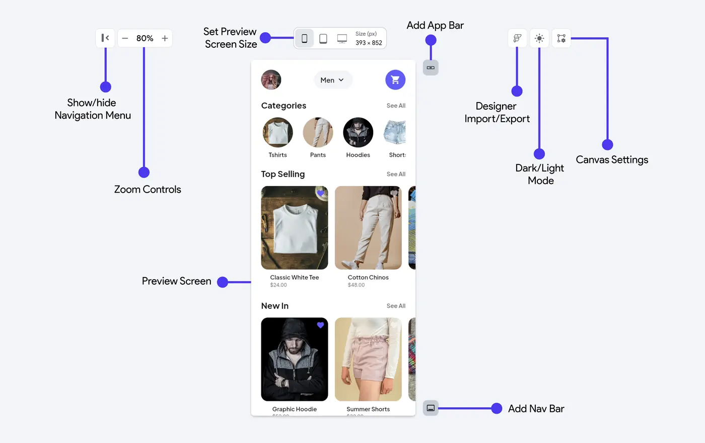FlutterFlow canvas editing a mobile app screen with a live device preview
