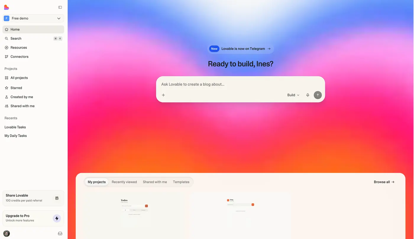 Lovable dashboard with the projects sidebar, a build prompt and recent project cards