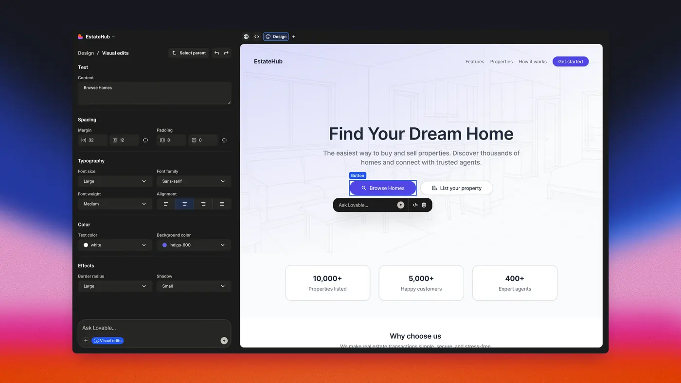 Lovable visual edit editor with a styling panel on the left and a live app preview on the right