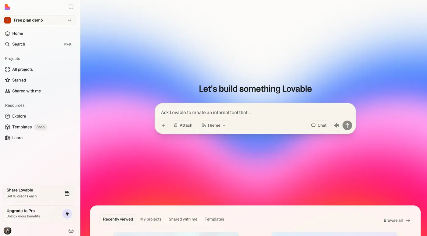 Lovable start screen prompting to build an internal tool, with recent projects below